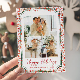 シンプルな冬の実り ハッピーホリデー3 フォト シーズンカード