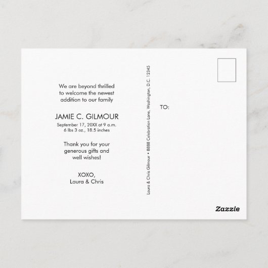 シンプルな出生写真コラージュ ベビーシャワー感謝カード ポストカード (裏面)