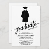 シンプルな卒業パーティー　キャップ＆ガウン　ブラック 招待状 (正面/裏面)