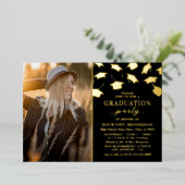 シンプルな卒業式 ブラック ゴールドホイル招待状 箔招待状 (立ち正面)