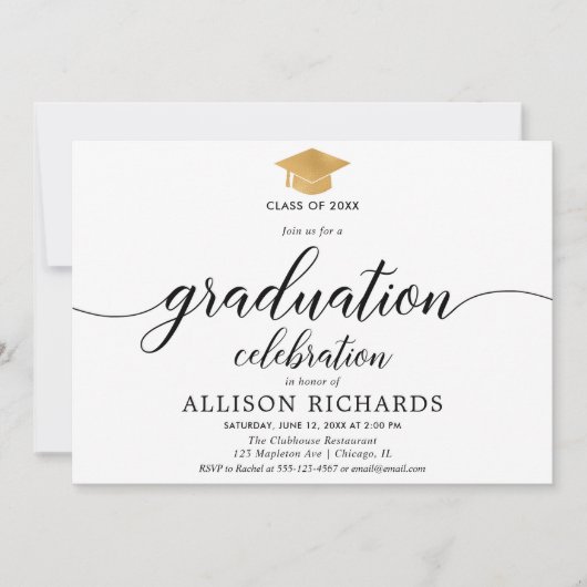 シンプルな卒業、ホワイトゴールドの書道のモダン 招待状 (正面)