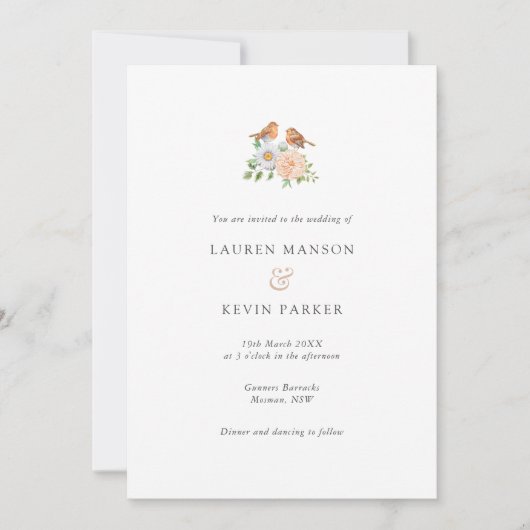 シンプルな古典的な愛の鳥の結婚式 招待状 (正面)