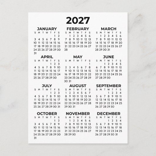 シンプルな基本の黒と白の2027年カレンダー ミニマル ポストカード (正面)
