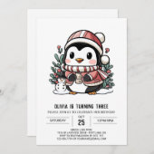 シンプルな夢見るペンギンのデジタル誕生日 招待状 (正面/裏面)