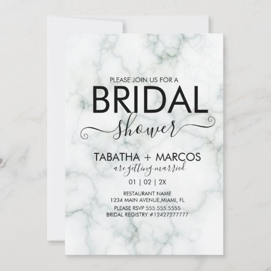 シンプルな大理石スクリプト エレガント ブライダルシャワー 招待状 (正面)