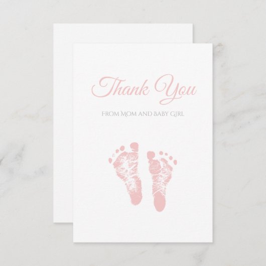 シンプルな女の子のベビーシャワーはピンクの足跡感謝していしています サンキューカード (正面/裏面)