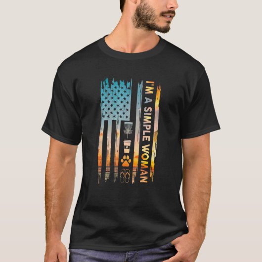 シンプルな女 ディスクゴルフ アメリカ国旗 犬 猫 Tシャツ (正面)
