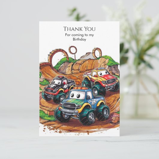 シンプルな子供のモンスタートラック誕生日 サンキューカード (スタンド正面)