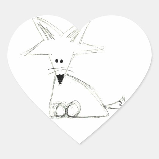 シンプルな子供の絵 黒白グレー キツネの落書き ハートシール (正面)