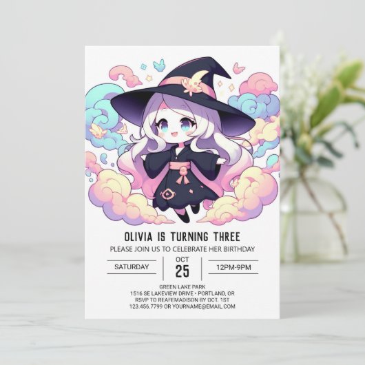 シンプルな小さな魔法使いの誕生日 招待状 (スタンド正面)