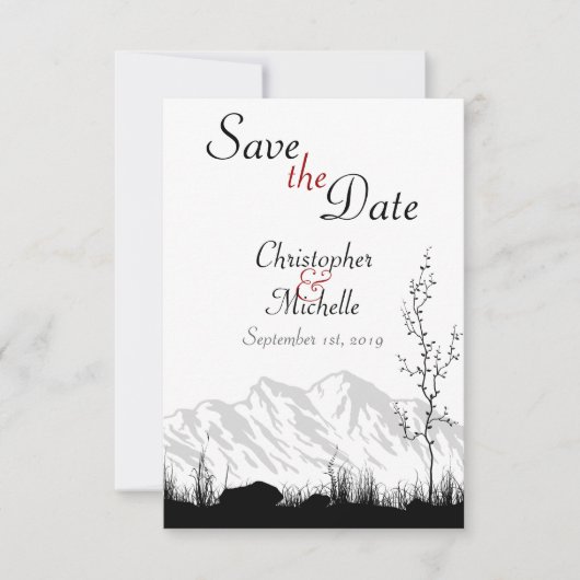 シンプルな山の風景 黒、白、赤の結婚式 セーブザデート (正面)