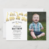 シンプルな建設テーマの写真付き1歳誕生日 招待状 (正面)