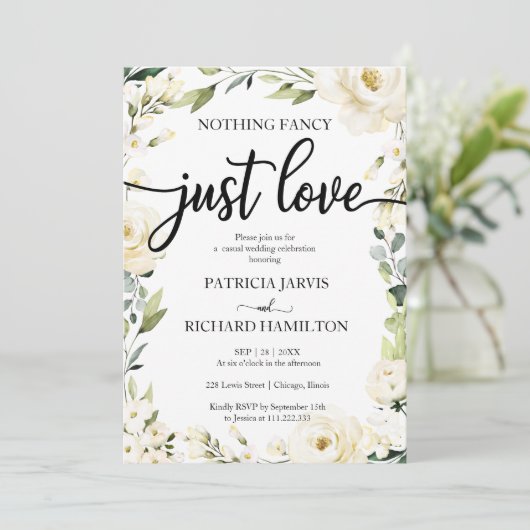 シンプルな愛のウェディング ホワイト クリーム フラワー 招待状 (スタンド正面)