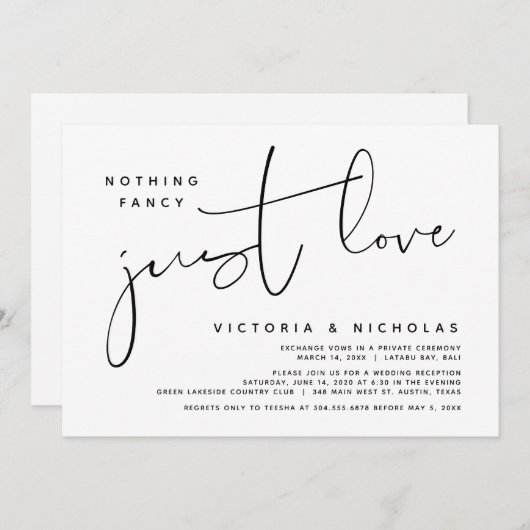 シンプルな愛の結婚式、ふたりの逃避行パーティー 招待状 (正面/裏面)