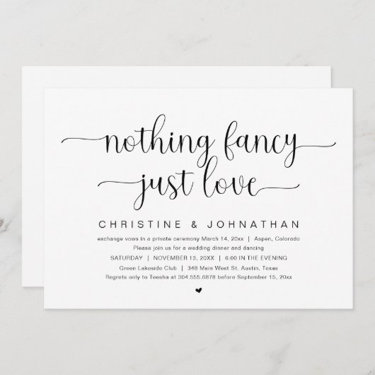 シンプルな愛を込めて、結婚式の秘密の誓いパーティー 招待状 (正面/裏面)