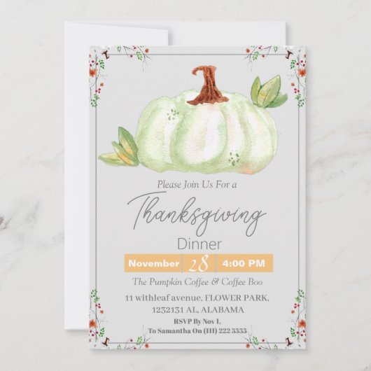 シンプルな感謝祭の食事 水彩花 秋 招待状 (正面)