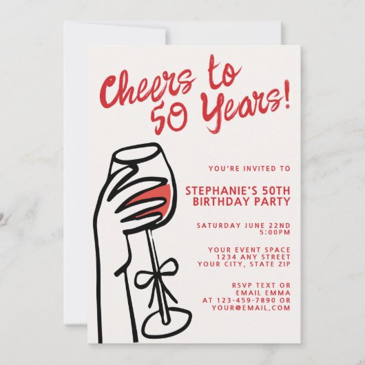 シンプルな手描きの「乾杯50年」50歳の誕生日 招待状 (正面)