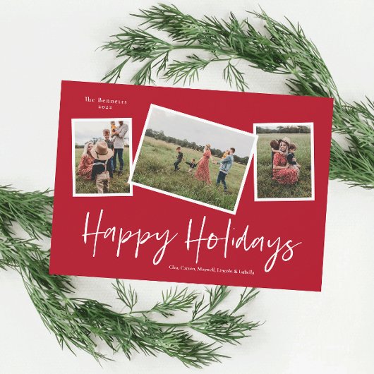 シンプルな手書きのホリデーカード3枚の写真コラージュ シーズンカード