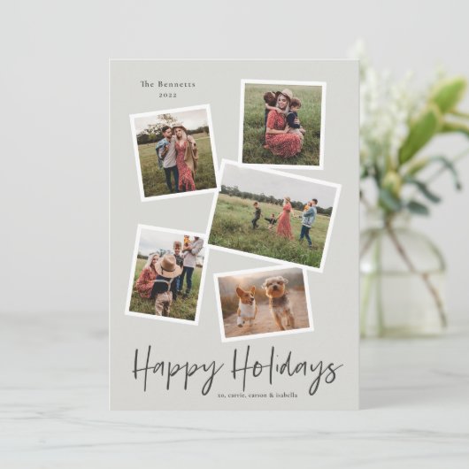 シンプルな手書きのホリデーカード5枚の写真コラージュ シーズンカード (スタンド正面)