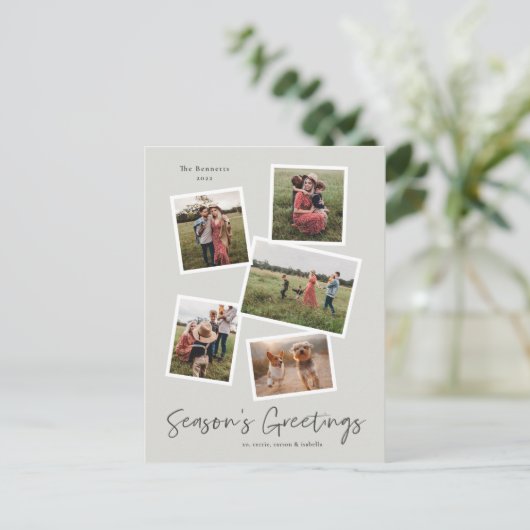 シンプルな手書きの季節の挨拶5枚の写真コラージュ シーズンポストカード (スタンド正面)
