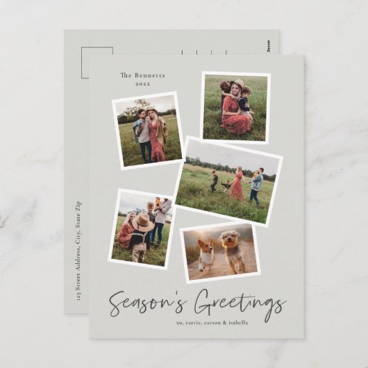 シンプルな手書きの季節の挨拶5枚の写真コラージュ シーズンポストカード (正面/裏面)