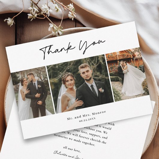 シンプルな手書きスクリプトの3枚の写真の結婚式 サンキューカード
