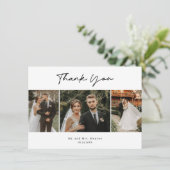 シンプルな手書きスクリプトの3枚の写真の結婚式 サンキューカード (スタンド正面)