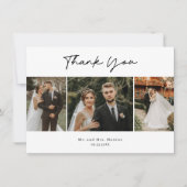 シンプルな手書きスクリプトの3枚の写真の結婚式 サンキューカード (正面)