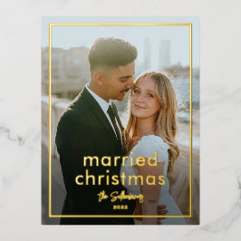 シンプルな手書き風名前のミニマルな結婚クリスマスフォト 箔シーズンポストカード