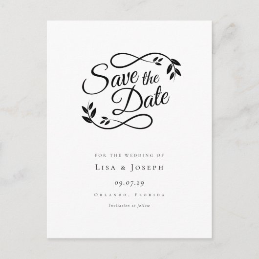 シンプルな手書き風 ブラック&ホワイトの結婚式日程お知らせ ポストカード (正面)