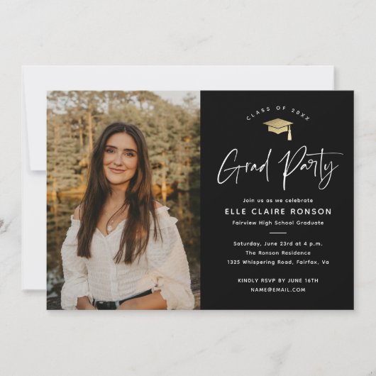 シンプルな手書き 黒白写真 卒業パーティー 招待状 (正面)