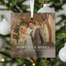 シンプルな新婚のクリスマスフォト ガラスオーナメント