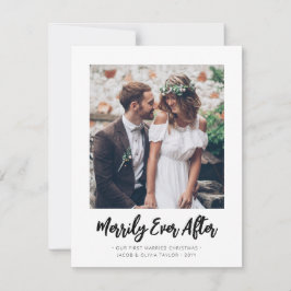 シンプルな新婚夫婦の写真入り「Brushed Merrily Ever After」 シーズンカード