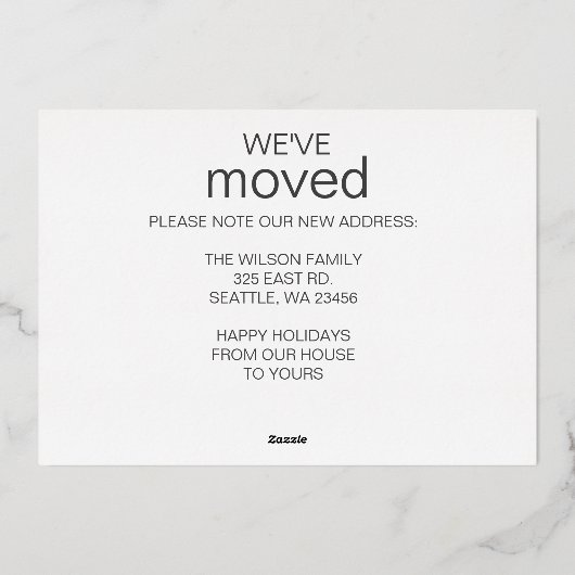 シンプルな新年の新居引越し写真ホリデーカード 箔シーズンカード (裏面)