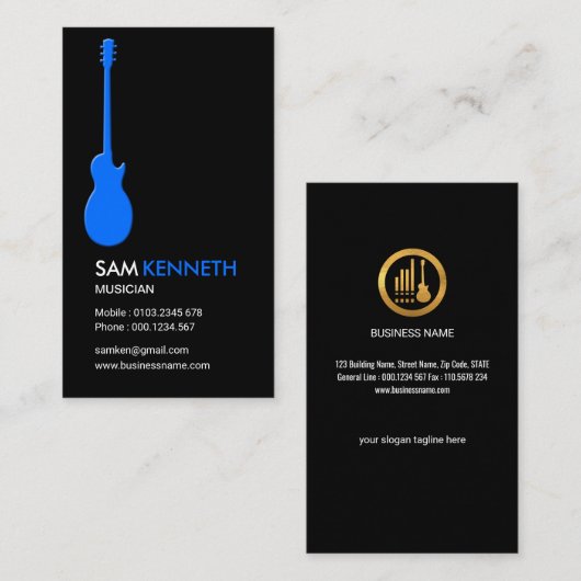 シンプルな明白で青いミュージシャンのギター 名刺 (正面/裏面)