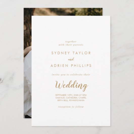 シンプルな書道|ゴールドフォトカジュアルウェディング 招待状 (正面/裏面)