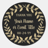 シンプルな月桂樹の花輪 ブラック＆ゴールド サンクス ラウンドシール (正面)