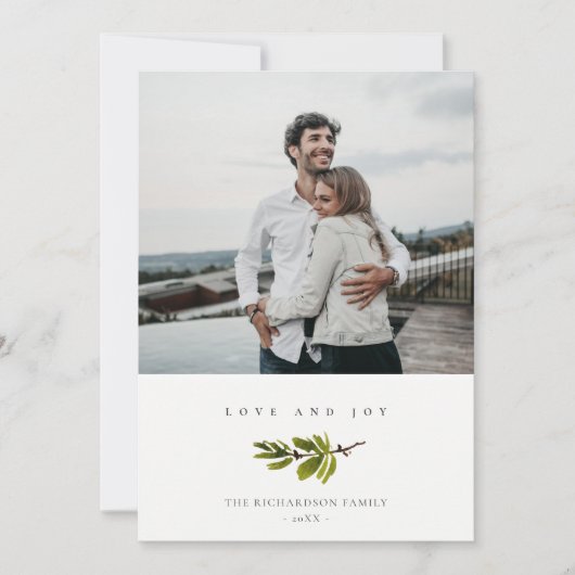 シンプルな松の枝のクリスマスの喜びと愛の写真 シーズンカード (正面)