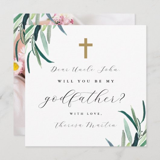 シンプルな植物のクロス名付け親プロポーズ写真 招待状 (正面/裏面)