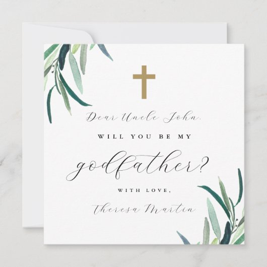 シンプルな植物の十字架 ゴッドファーザー 提案 フォト 招待状 (正面)