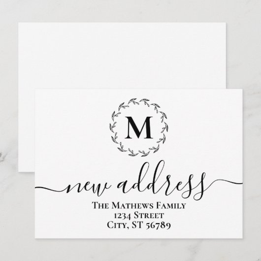 シンプルな植物の花輪モノグラム 新しい住所 案内状 (正面/裏面)