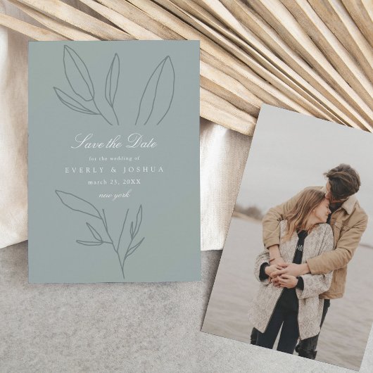 シンプルな植物の茎 緑の結婚式 Save the Date 招待状