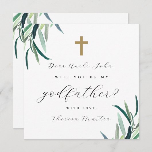 シンプルな植物モチーフの十字架付き名付け親提案カード 招待状 (正面/裏面)