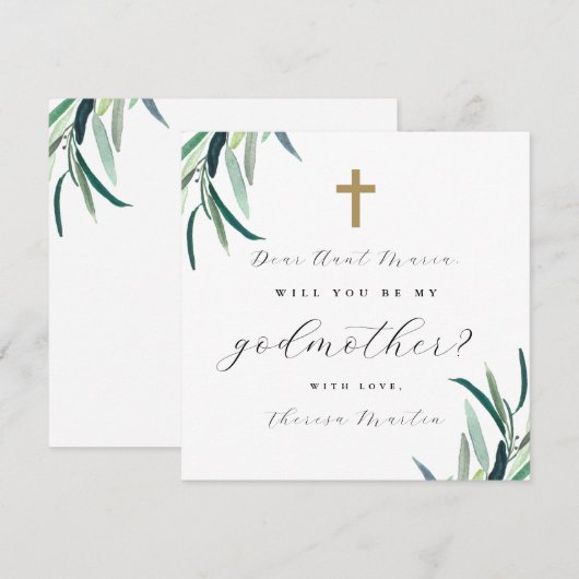 シンプルな植物モチーフの十字架付き ゴッドマザーへのお願いカード 招待状 (正面/裏面)