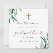 シンプルな植物モチーフの十字架付き ゴッドマザーへのお願いカード 招待状 (正面)