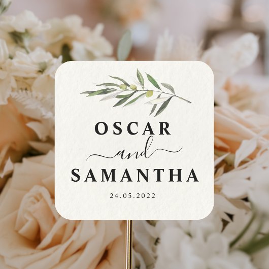 シンプルな水彩オリーブグリーンの枝 スクエアシール