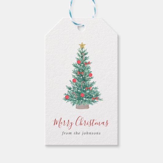 シンプルな水彩クリスマスツリーのフェスティブデザイン ギフトタグ (正面)