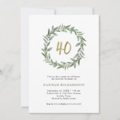 シンプルな水彩グリーンとゴールドの40歳の誕生日 招待状 (正面)