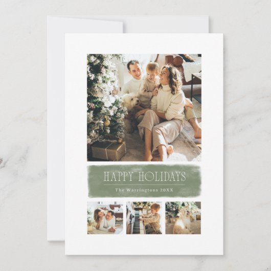 シンプルな水彩画のセージグリーンのホリデーコラージュ シーズンカード (正面)