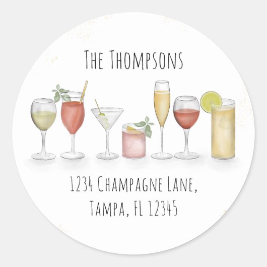 シンプルな水彩画のリターンアドレスラベルとおしゃれなシャンパンフルート, ワイングラスでのお祝いと乾 ラウンドシール (正面)